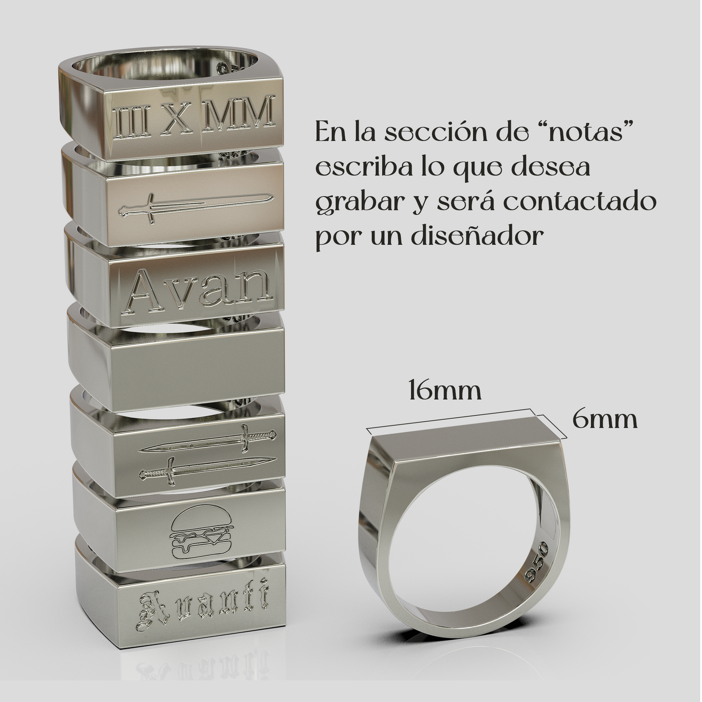 Anillo Sello Rectangular Personalizable Plata 950